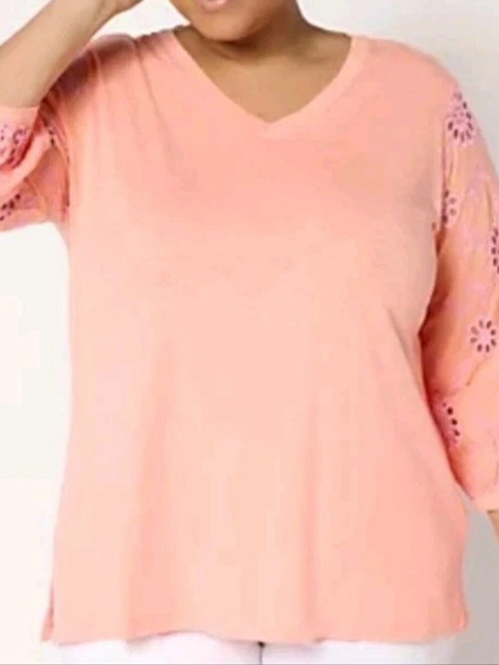 BELLE By Kim Gravel Peach Eyelet Floral Sleeve Pullover Top Sz Lg
